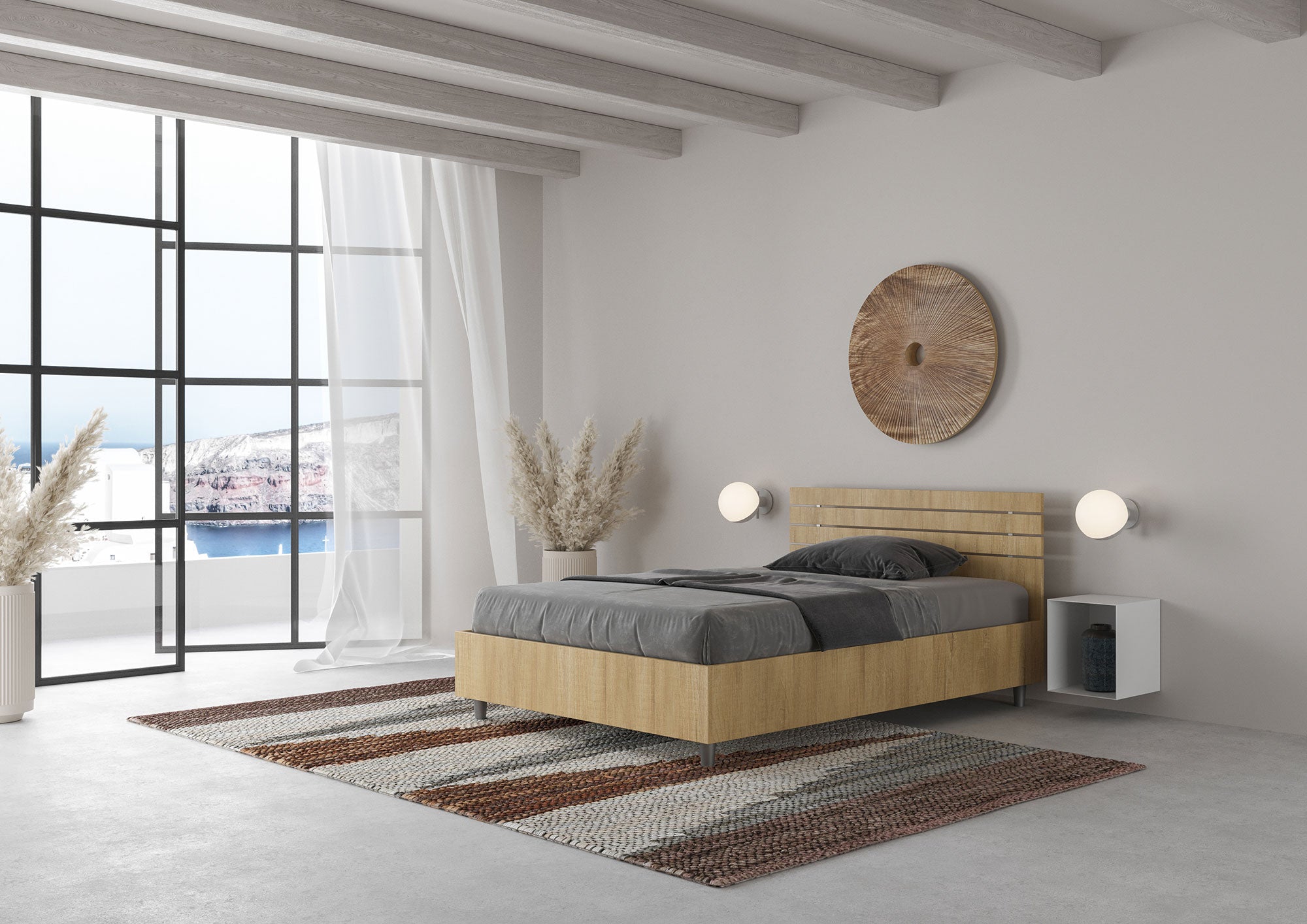 Letto 1 Piazza e Mezzo 120x190 cm con Rete e Contenitore Ankel Testata Doghe Dritta Quercia