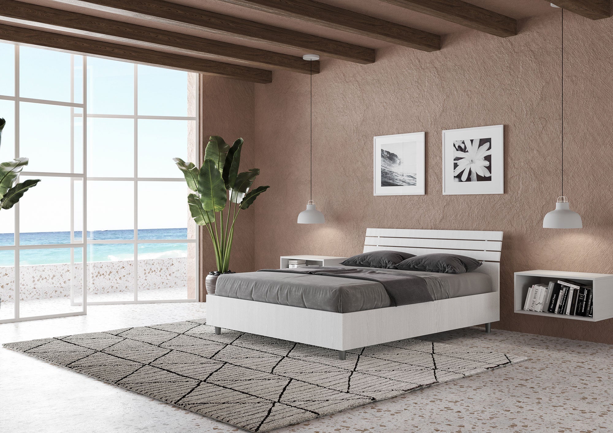 Letto Matrimoniale Francese 140x200 cm con Rete e Contenitore Testata Doghe Inclinata Ankel Bianco Frassino