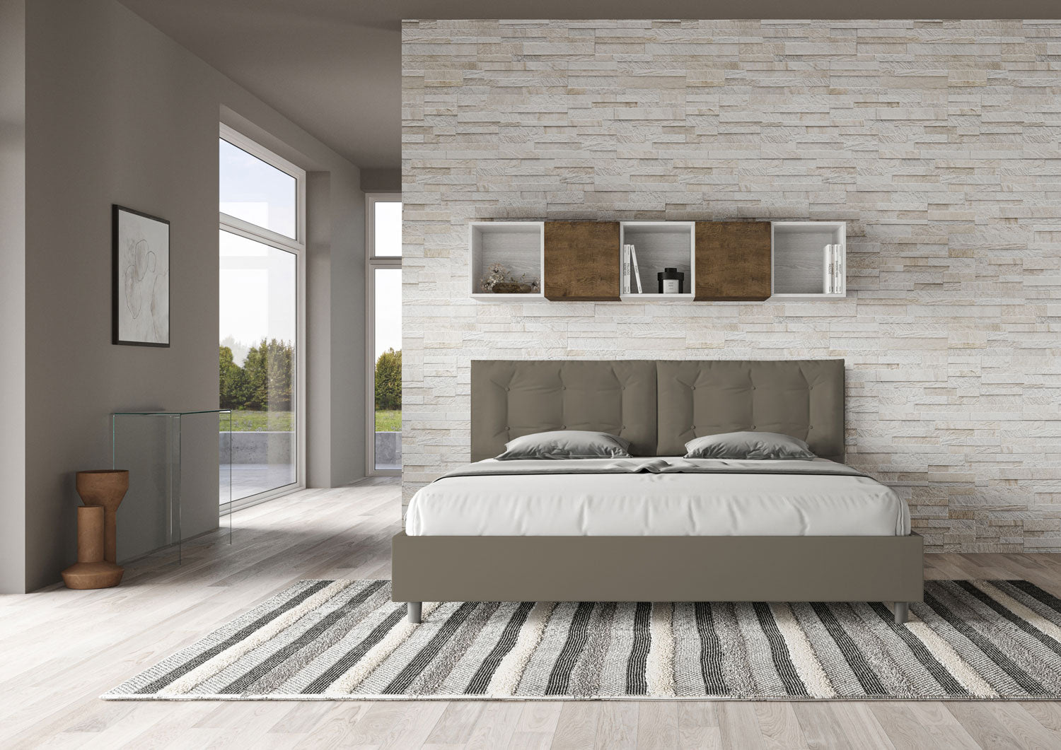 Letto matrimoniale king size contenitore imbottito 200x210 similpelle cappuccino Annalisa Large