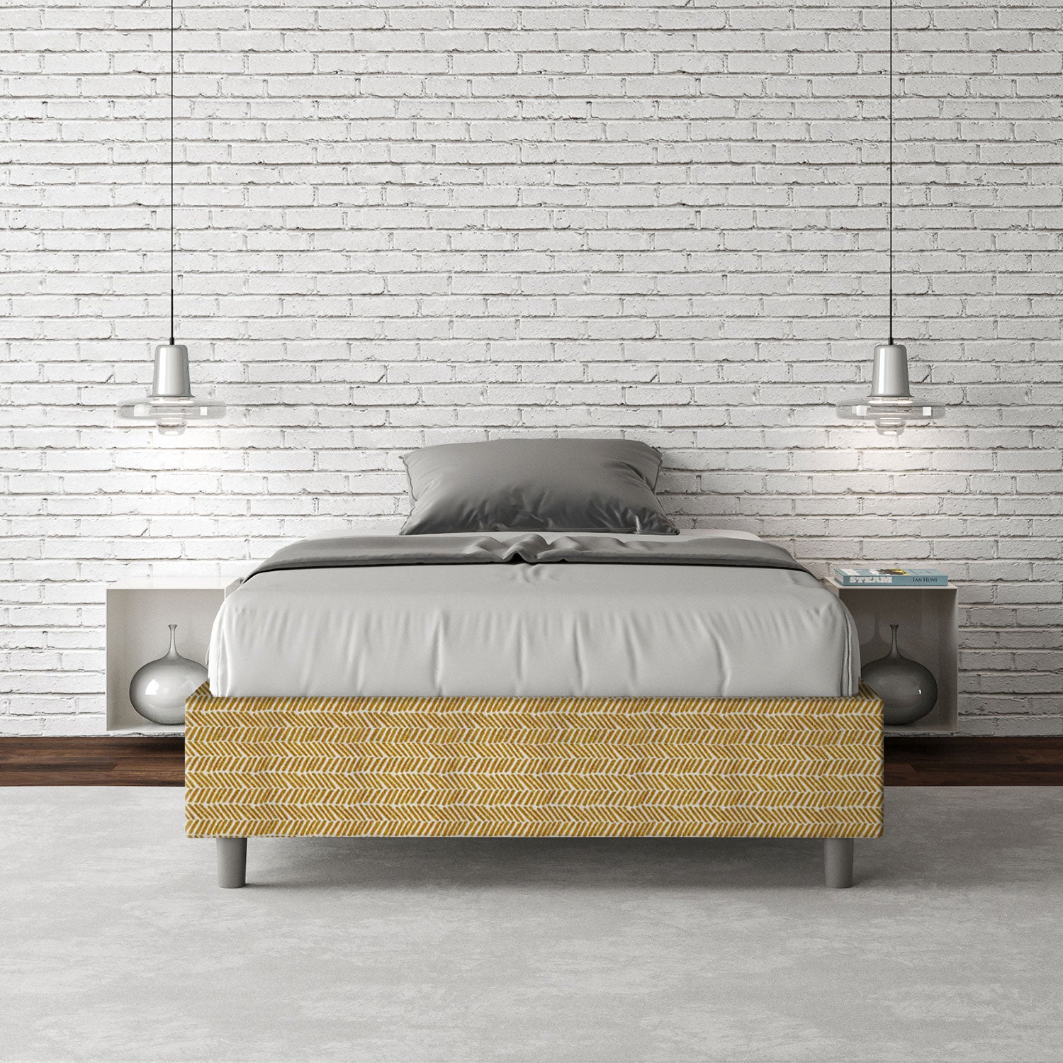 Letto una piazza e mezza contenitore imbottito 120x190 tessuto Aragona 3 giallo Azelia