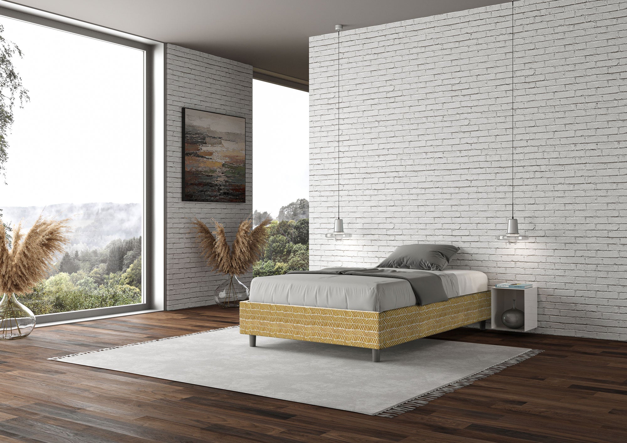 Letto una piazza e mezza contenitore imbottito 120x190 tessuto Aragona 3 giallo Azelia