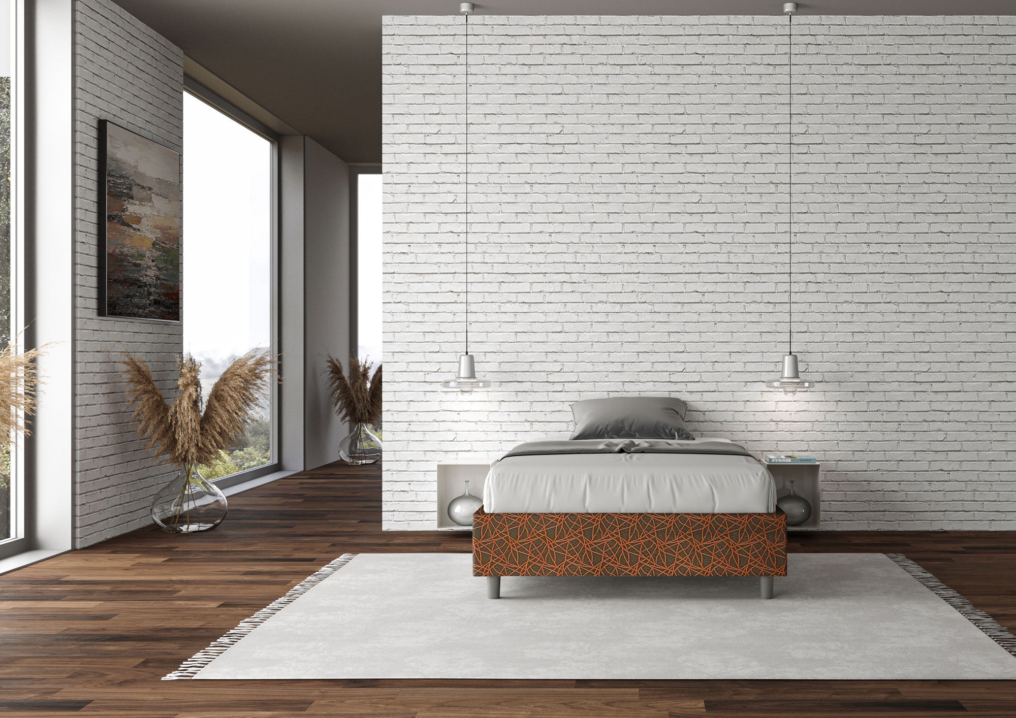 Letto una piazza e mezza contenitore imbottito 120x190 tessuto Era 4 arancio Azelia