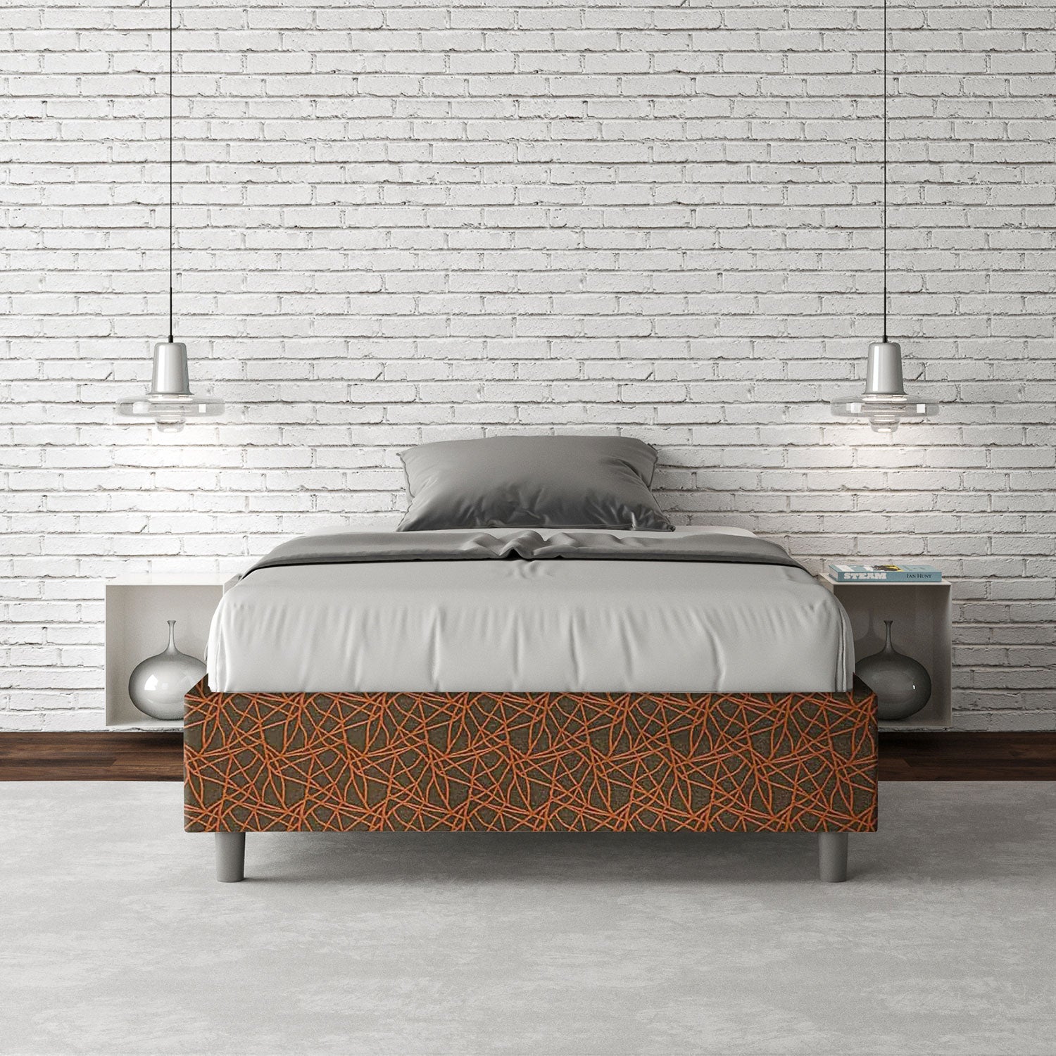 Letto una piazza e mezza con rete imbottito 120x200 tessuto Era 4 arancio Azelia