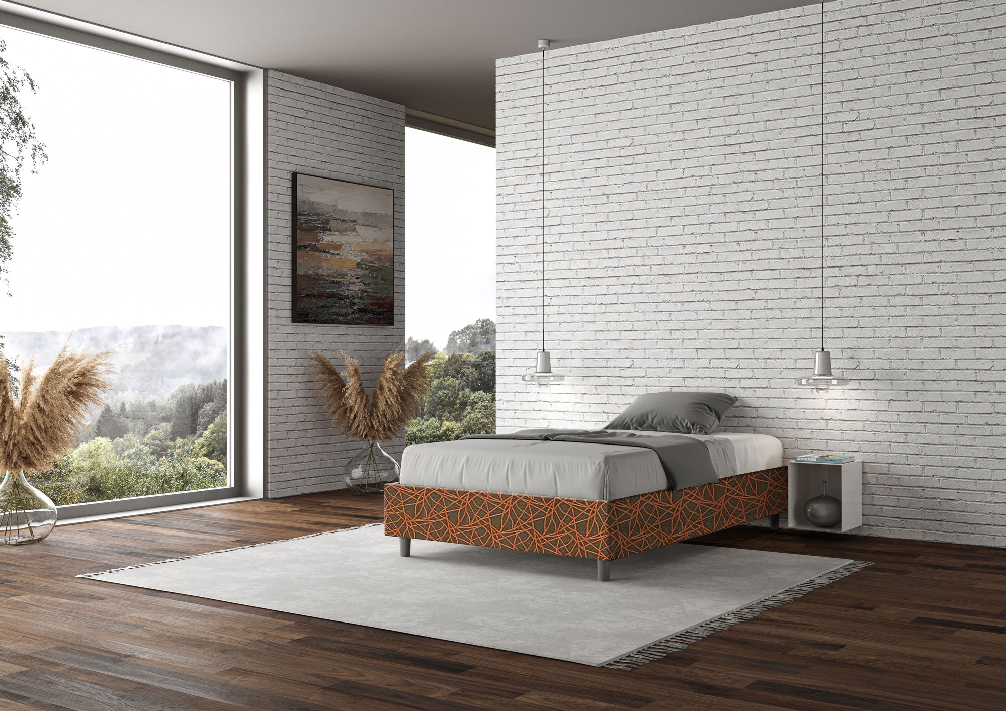 Letto una piazza e mezza contenitore imbottito 120x190 tessuto Era 4 arancio Azelia