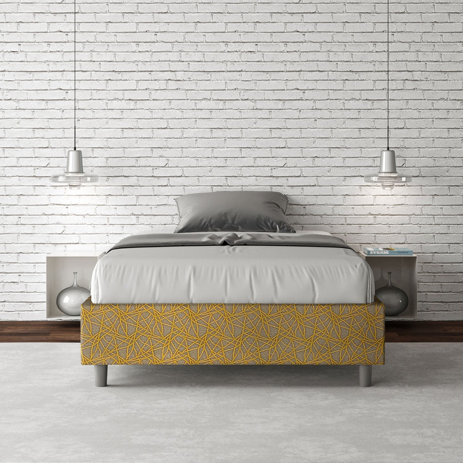 Letto 1 Piazza e Mezzo Sommier 120x200 cm con Rete e Contenitore Azelia Era 06 Giallo