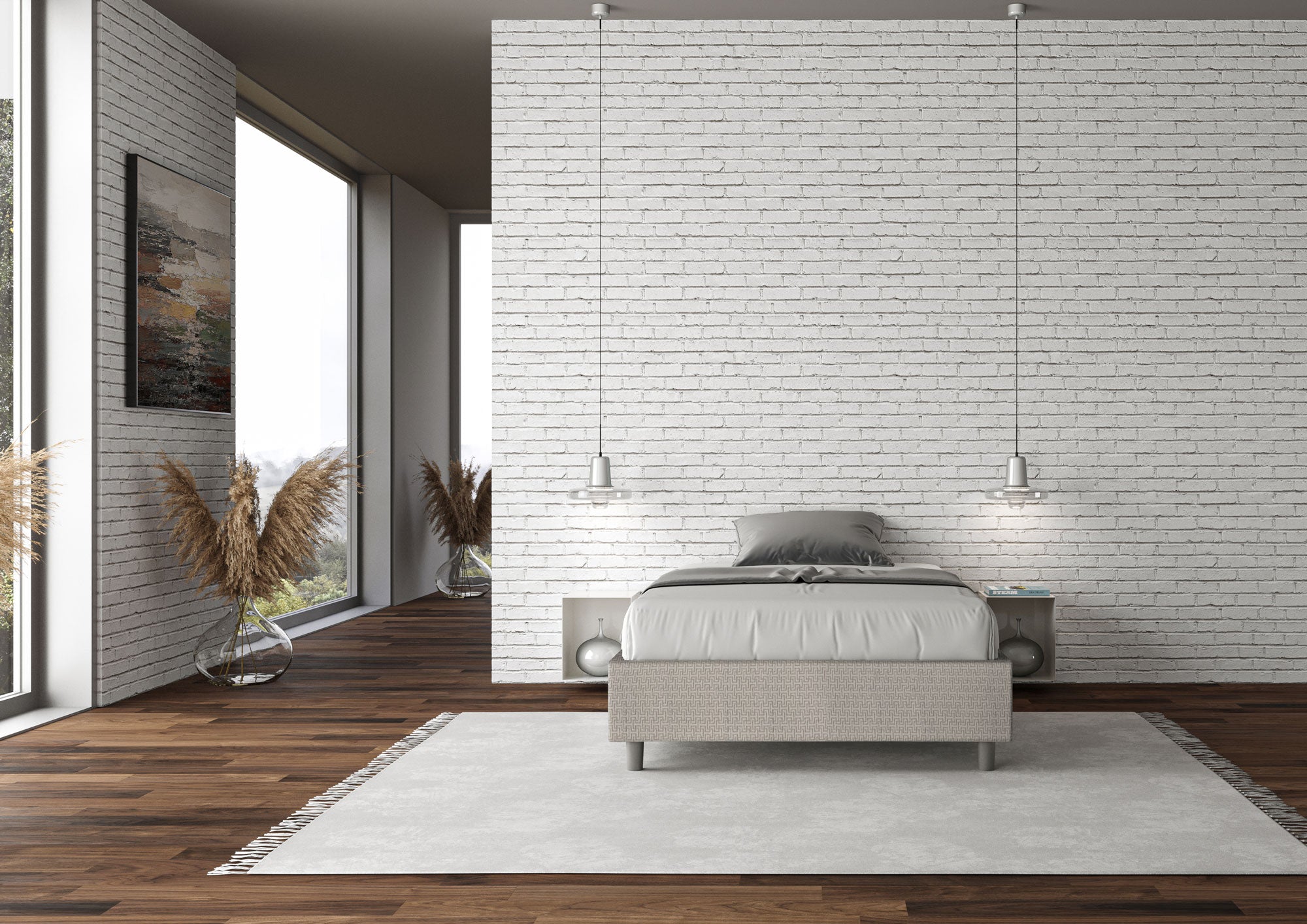 Letto una piazza e mezza contenitore imbottito 120x190 tessuto Labirinto 1 bianco Azelia