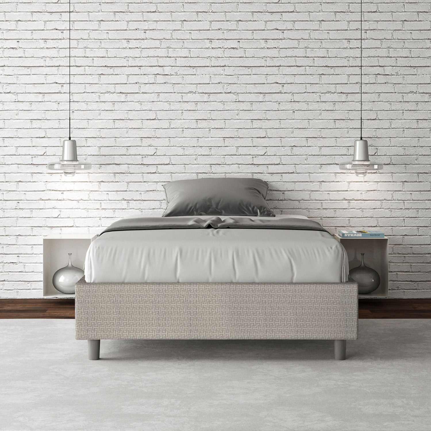 Letto una piazza e mezza contenitore imbottito 120x190 tessuto Labirinto 1 bianco Azelia