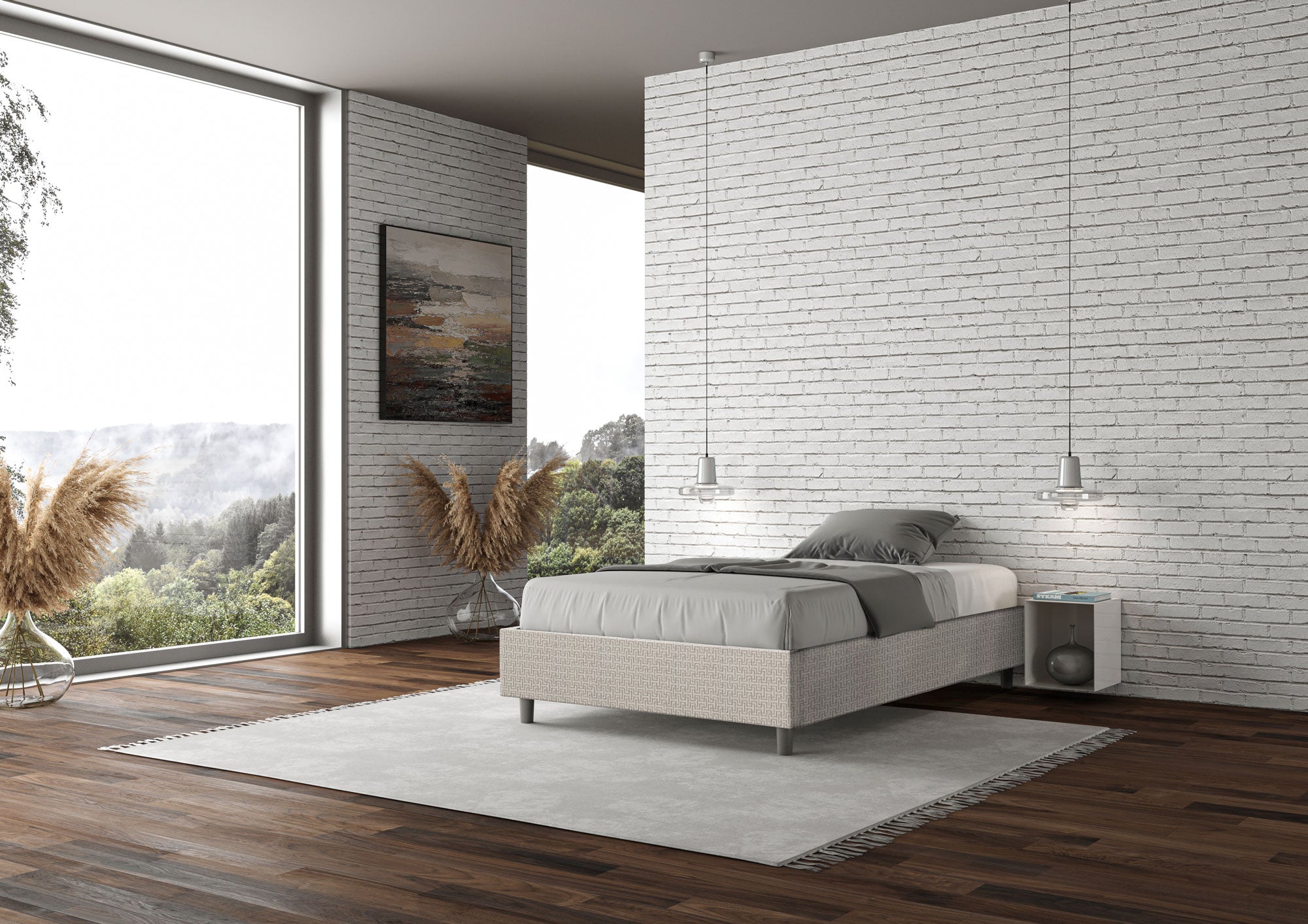 Letto una piazza e mezza contenitore imbottito 120x190 tessuto Labirinto 1 bianco Azelia