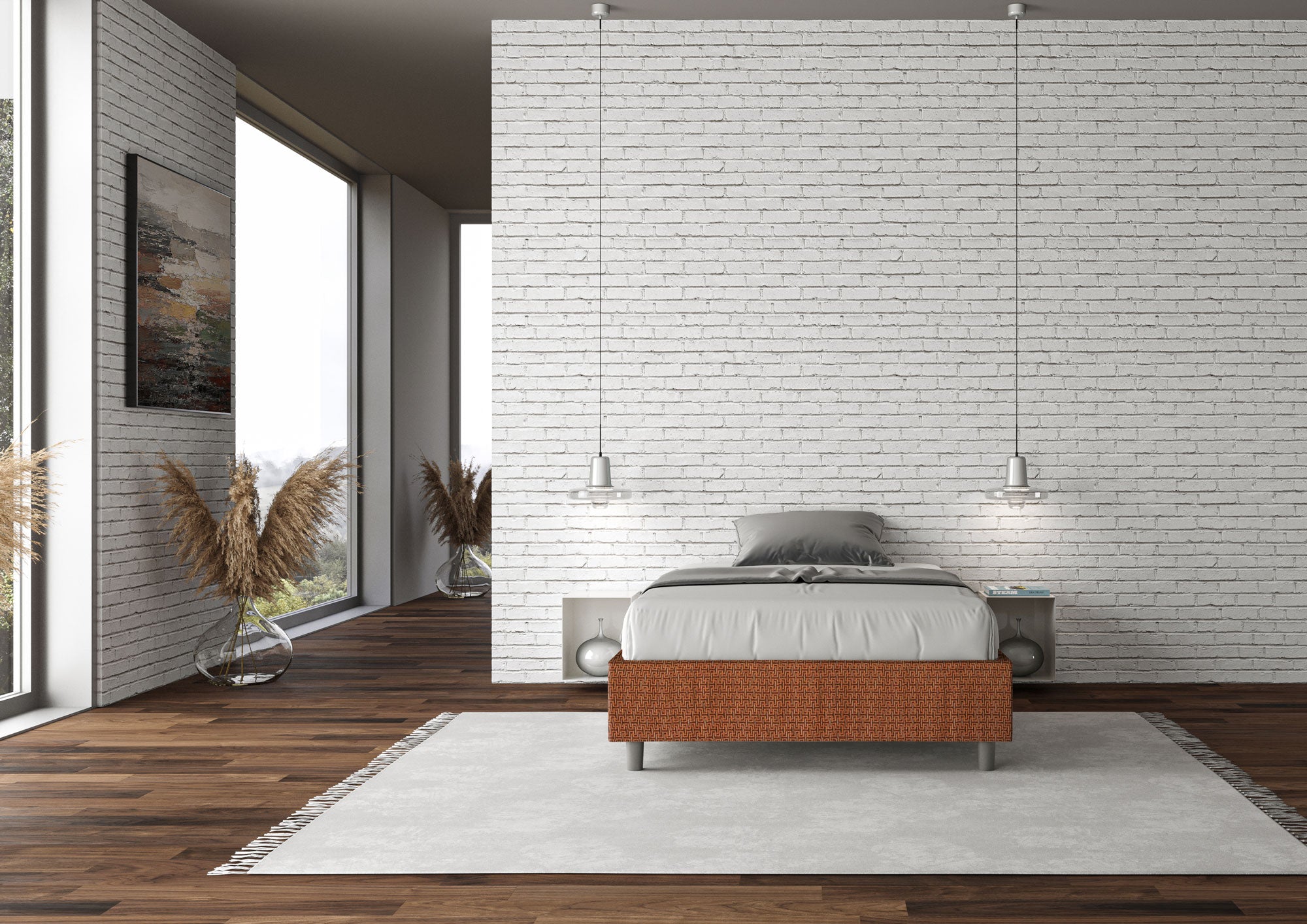 Letto una piazza e mezza contenitore imbottito 120x190 tessuto Labirinto 4 arancio Azelia