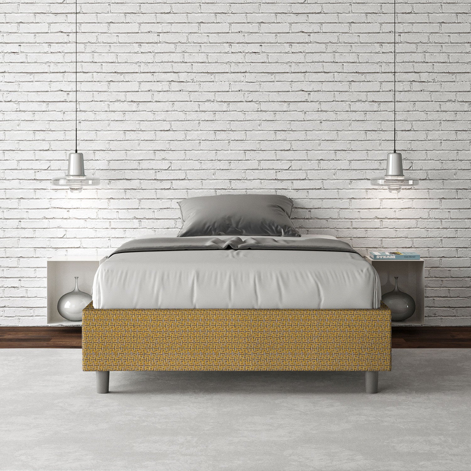 Letto una piazza e mezza contenitore imbottito 120x210 tessuto Labirinto 6 giallo Azelia