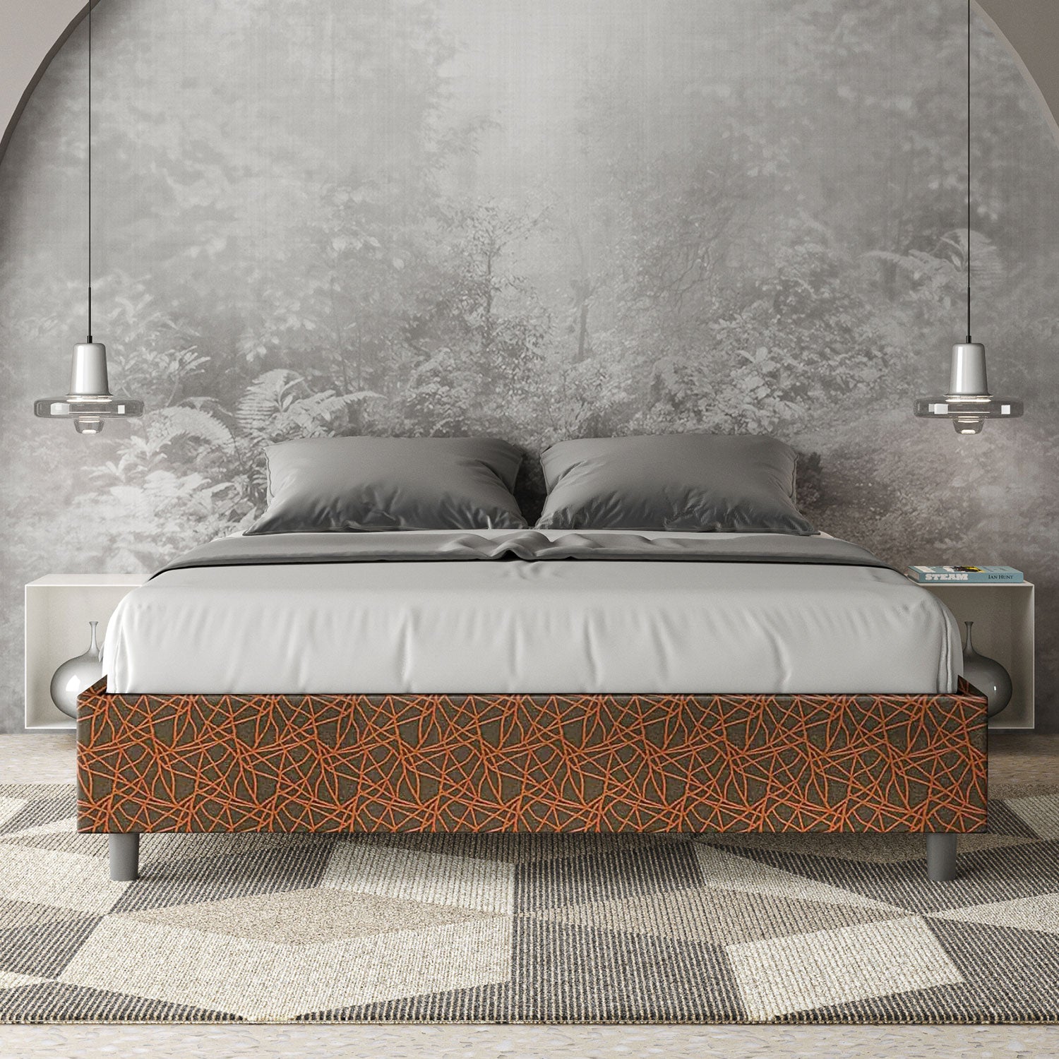 Letto matrimoniale contenitore imbottito 160x200 tessuto Era 4 arancio Azelia