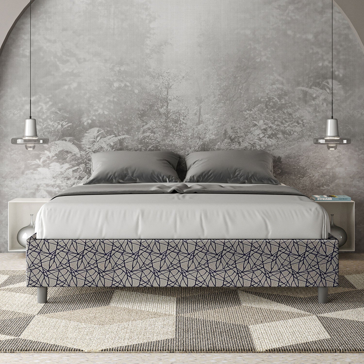 Letto matrimoniale con rete imbottito 160x190 tessuto Era 9 blu Azelia