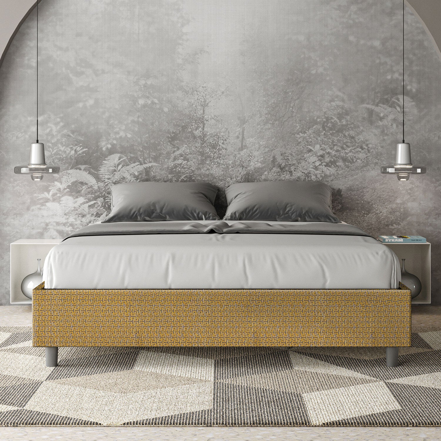 Letto matrimoniale con rete imbottito 160x200 tessuto Labirinto 6 giallo Azelia