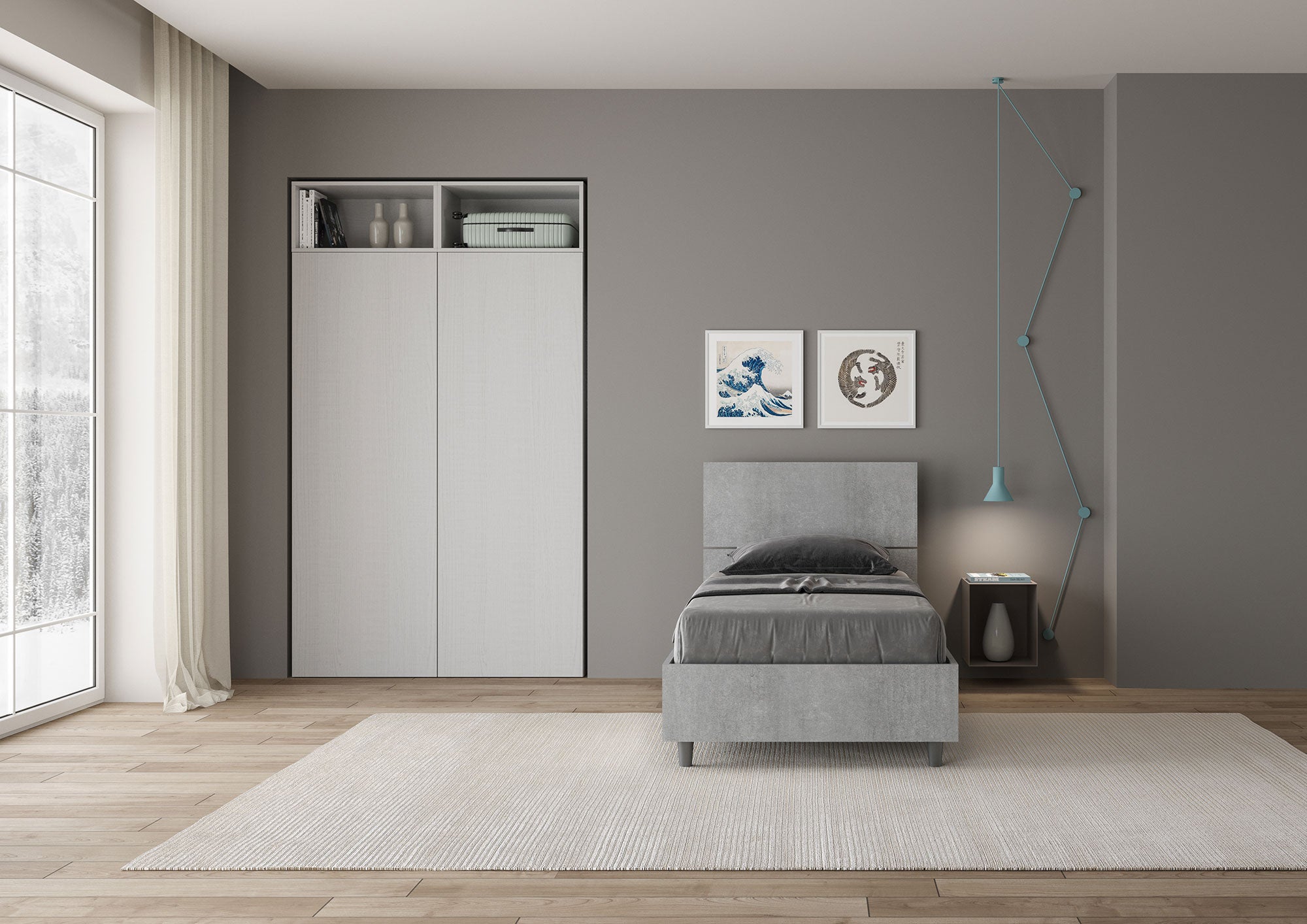 Letto Singolo 80x200 cm con Rete Testata Inclinata Demas Grigio