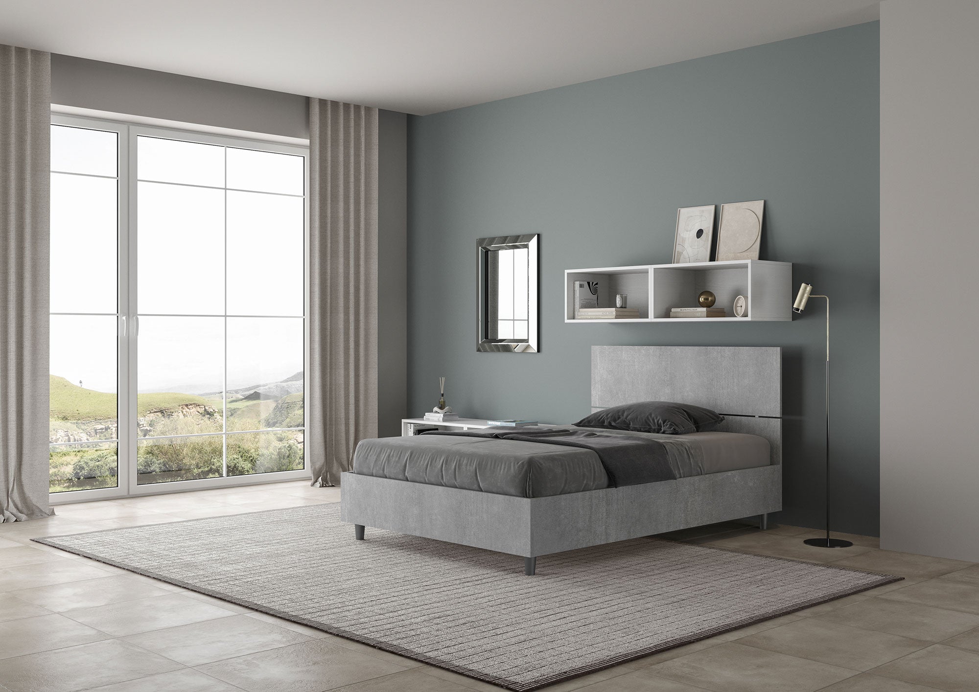 Letto 1 Piazza e Mezzo 120x200 cm con Rete e Contenitore Testata Dritta Demas Grigio