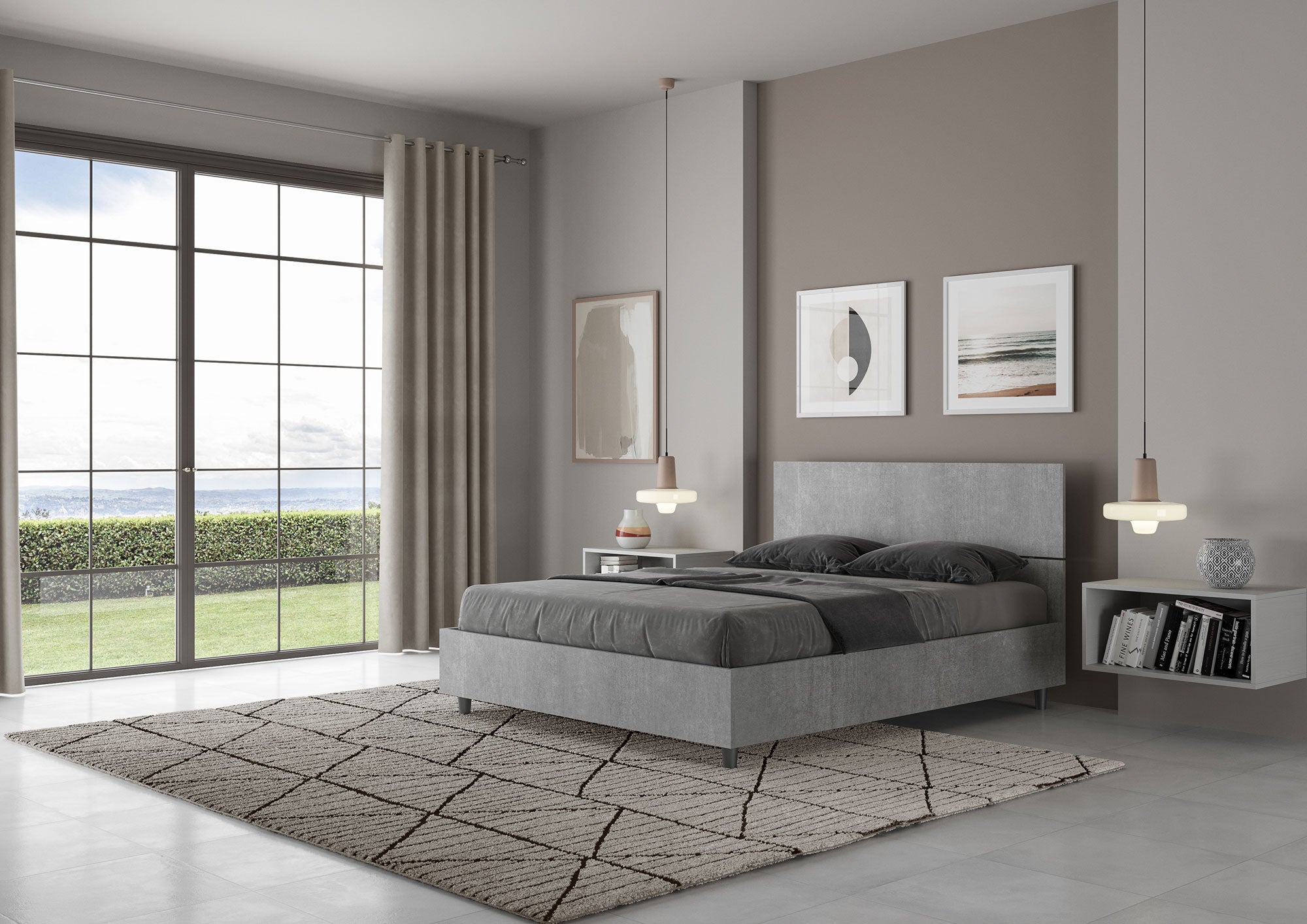 Letto Matrimoniale Francese 140x200 cm con Rete e Contenitore Testata Dritta Demas Grigio