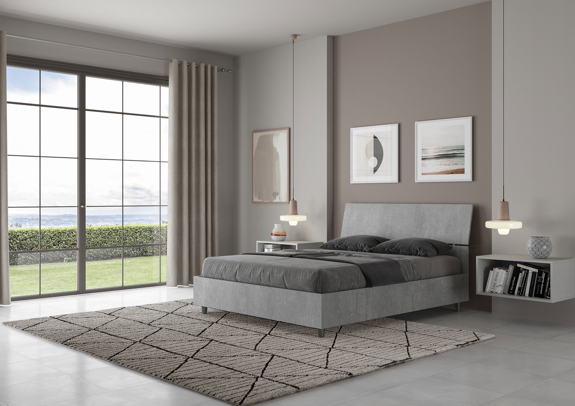 Letto Matrimoniale Francese 140x200 cm con Rete e Contenitore Testata Inclinata Demas Grigio