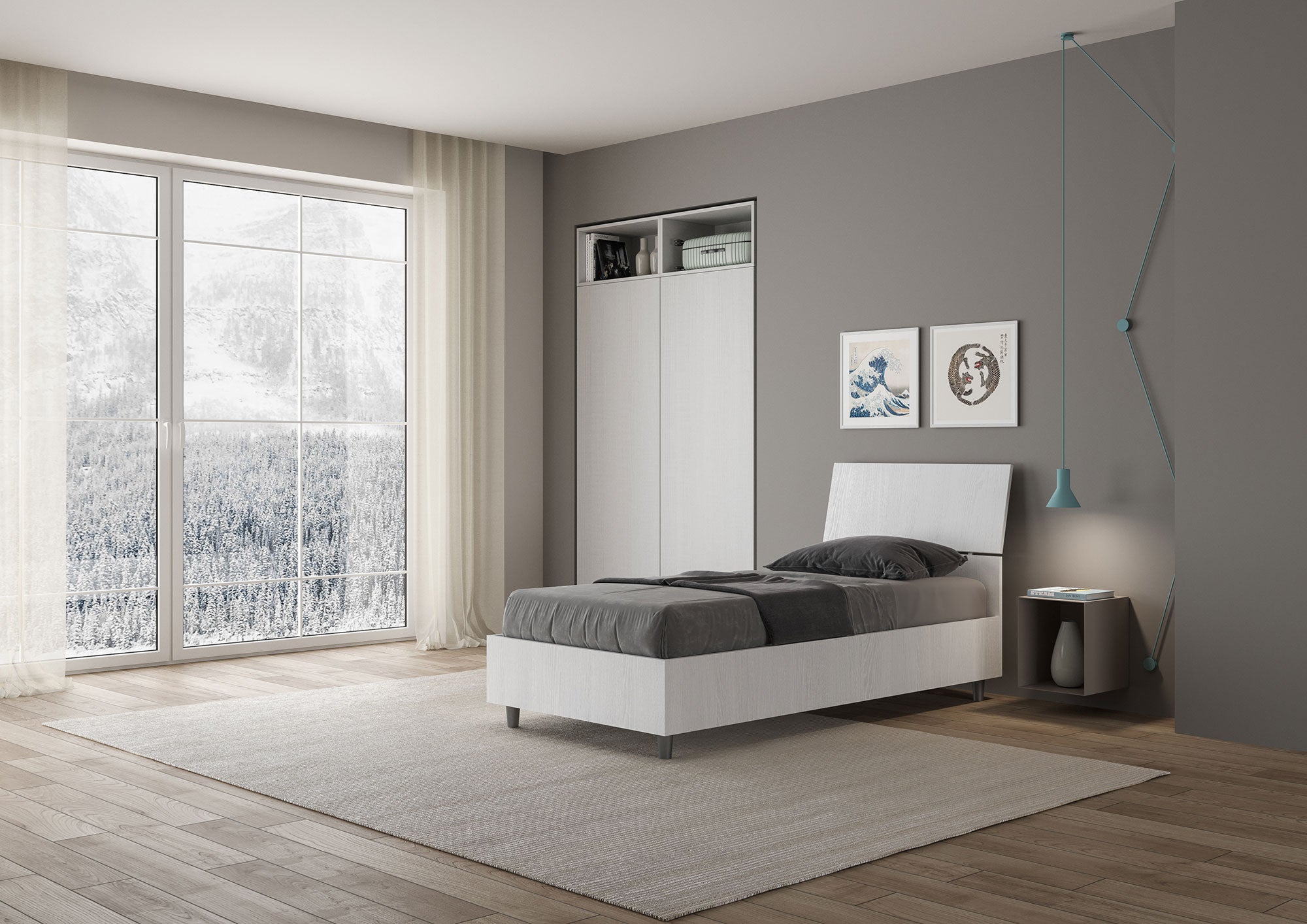 Letto Singolo 80x190 cm Senza Rete Testata Inclinata Demas Bianco Frassino