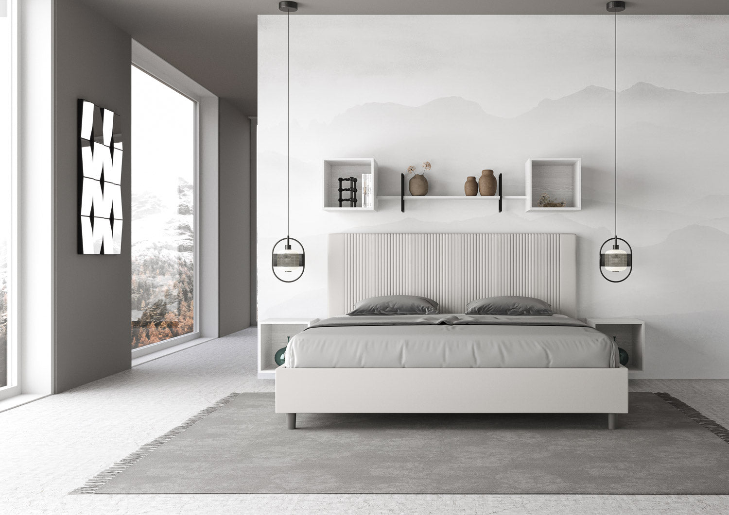 Letto matrimoniale king size con rete imbottito 180x190 similpelle bianco Goya