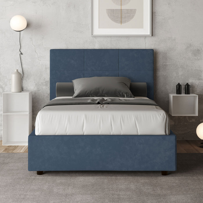 Letto imbottito 1 piazza e mezza 120x190 cm Mika - Con rete,Microfibra,Blu