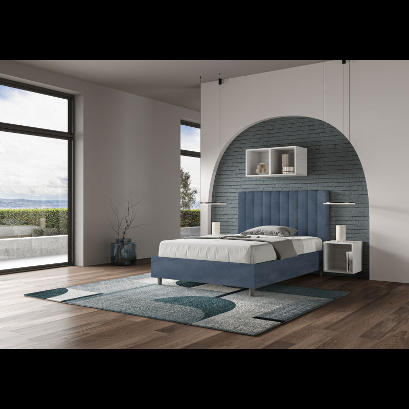 Letto imbottito 1 piazza e mezza 120x210 cm Agueda - Senza rete,Microfibra,Blu