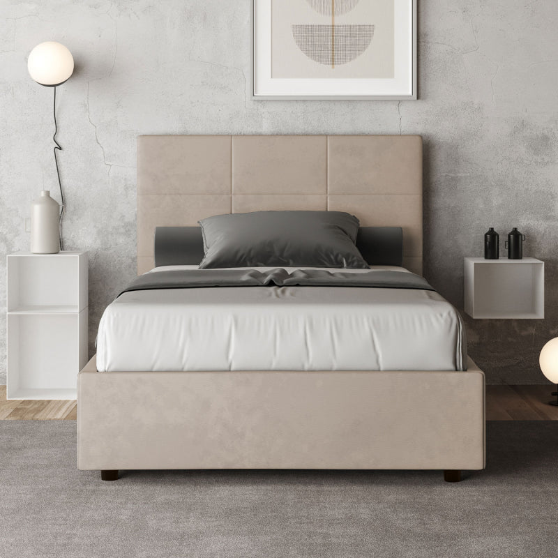 Letto imbottito 1 piazza e mezza 120x210 cm Mika - Contenitore,Microfibra,Sabbia