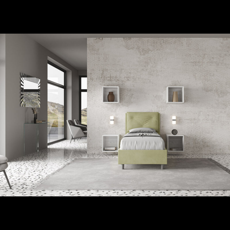 Letto imbottito Singolo 80x210 cm Appia - Contenitore,Microfibra,Tè verde