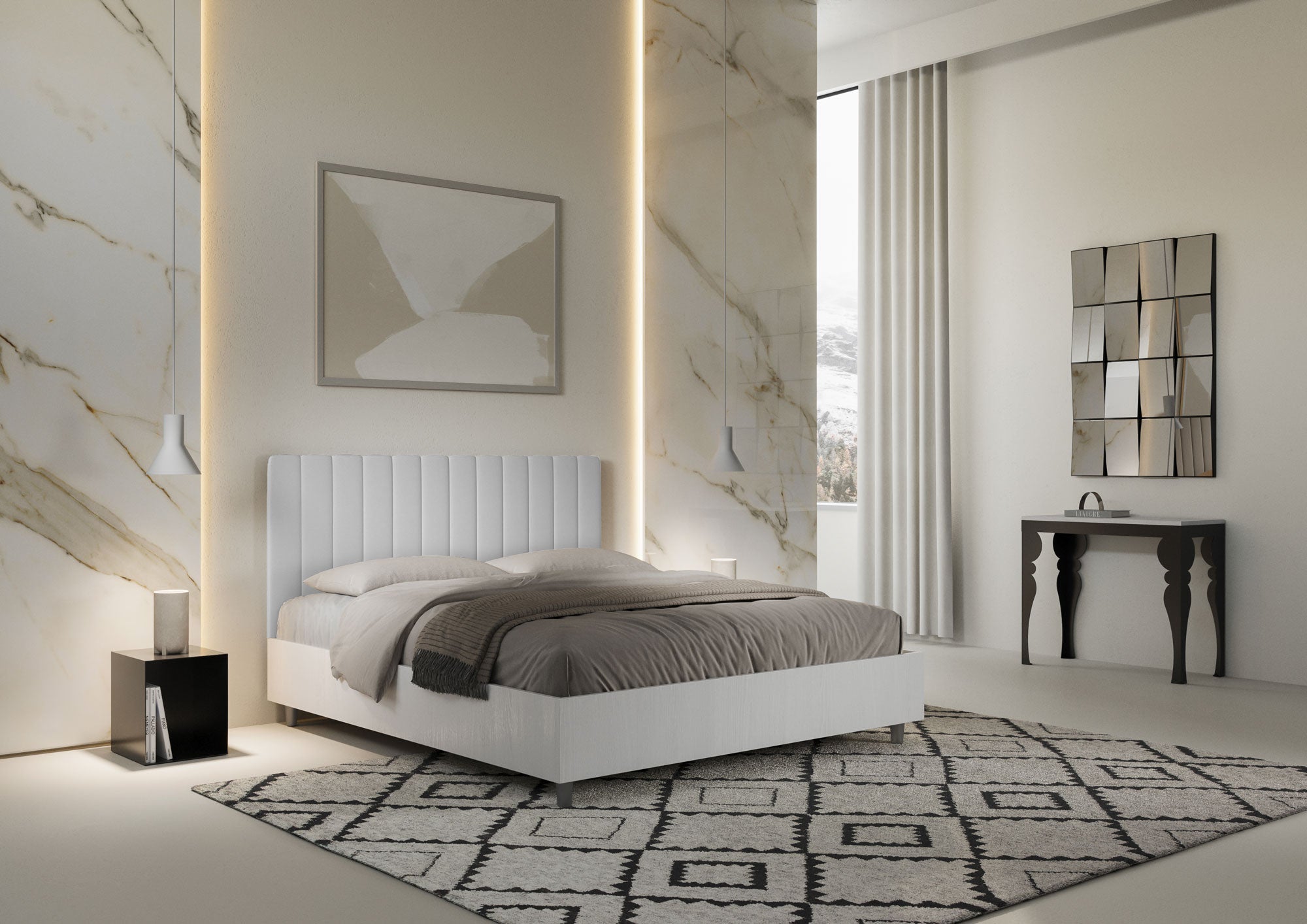 Letto Matrimoniale 160x200 cm con Rete e Contenitore Kaia Bianco