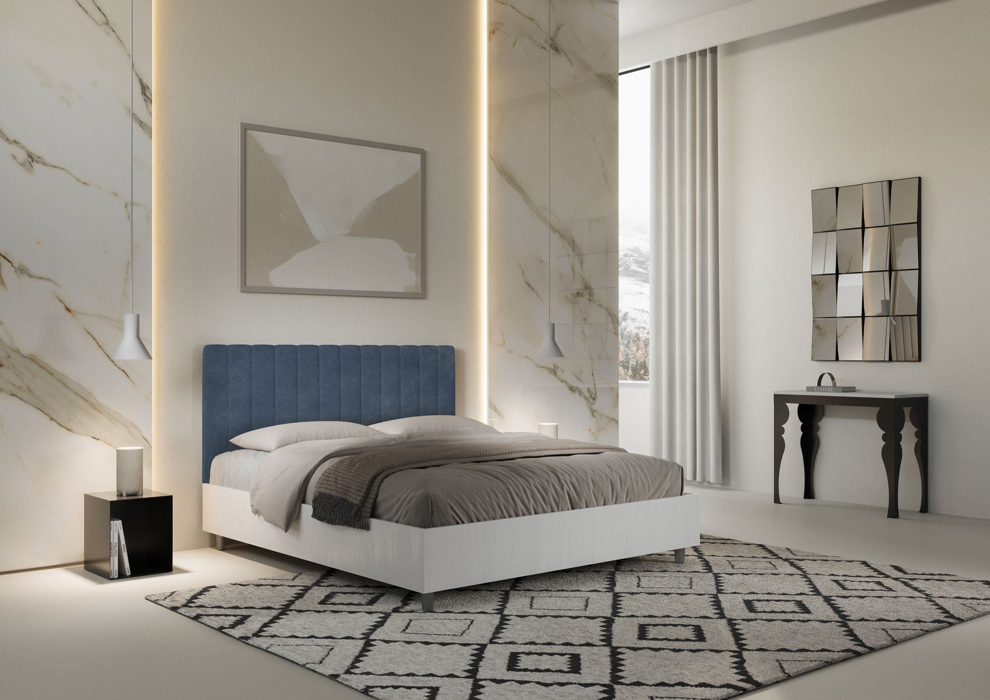 Letto Matrimoniale 160x190 cm con Rete Kaia Blu