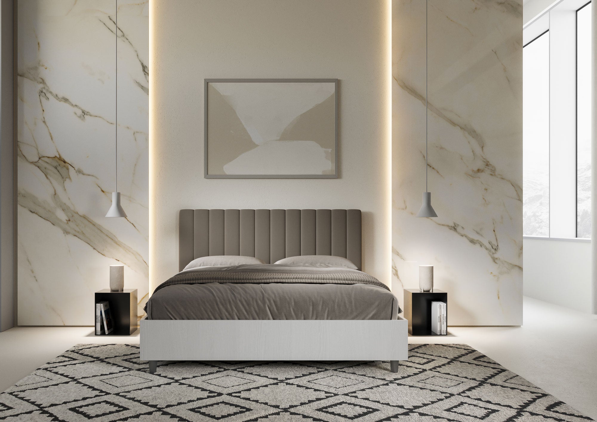 Letto Matrimoniale 160x200 cm con Rete e Contenitore Kaia Cappuccino