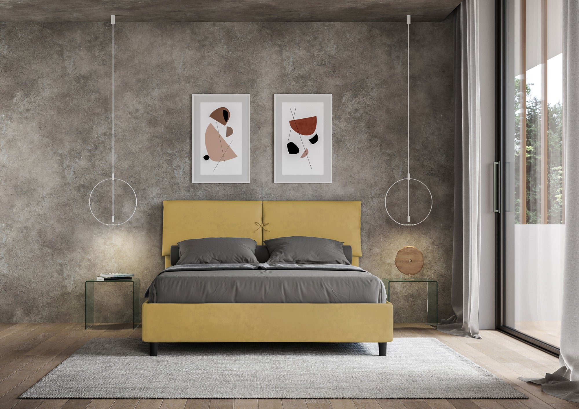 Letto Matrimoniale 160x210 cm con Rete e Contenitore Mados Ocra