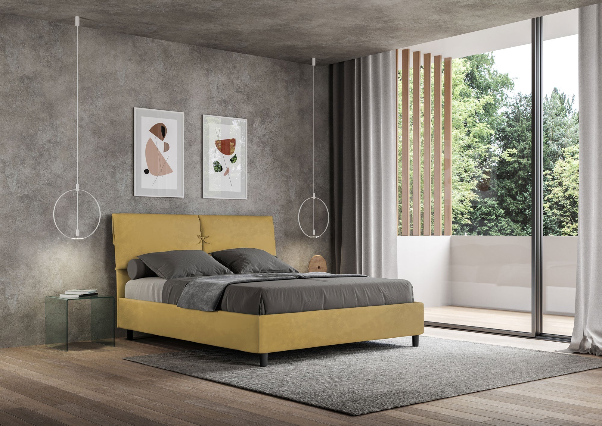 Letto Matrimoniale 160x210 cm con Rete e Contenitore Mados Ocra