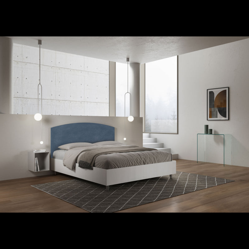 Letto Matrimoniale 160x190 cm struttura bianco frassino testata Ant - Contenitore,Microfibra,Blu