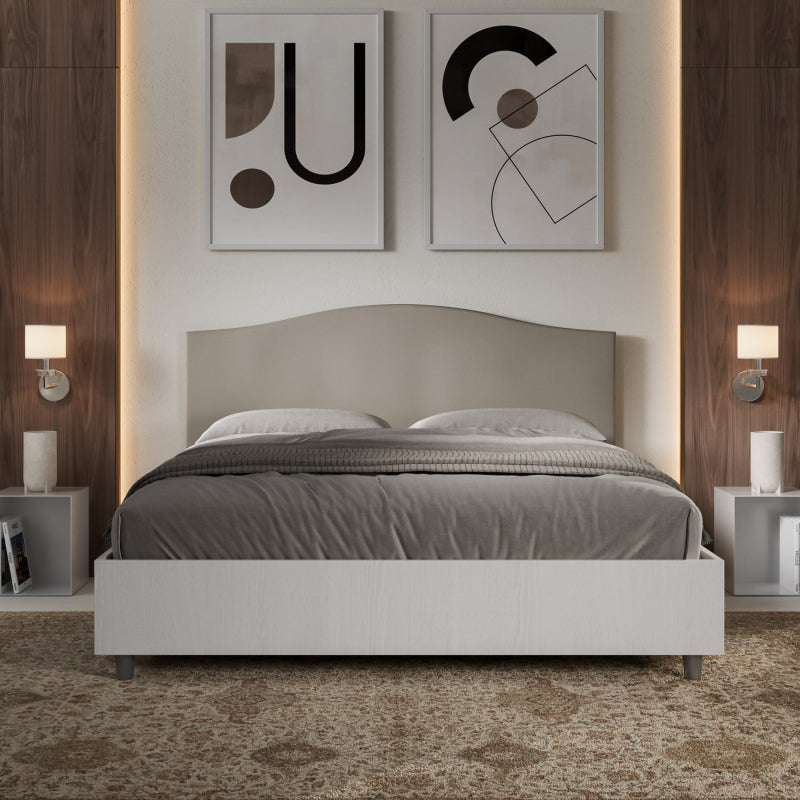 Letto Matrimoniale 160x190 cm struttura bianco frassino testata Gra - Senza rete,Similpelle,Tortora