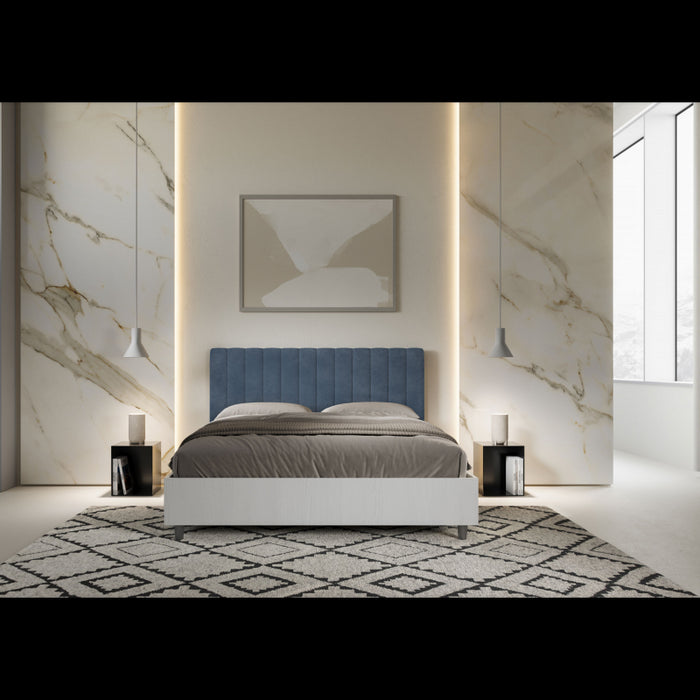 Letto Matrimoniale 160x190 cm struttura bianco frassino testata Kai - Senza rete,Microfibra,Blu