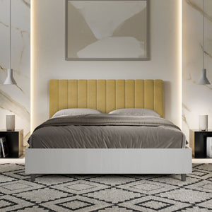 Letto Matrimoniale 160x190 cm struttura bianco frassino testata Kai - Contenitore,Microfibra,Ocra