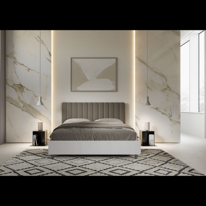 Letto Matrimoniale 160x190 cm struttura bianco frassino testata Kai - Similpelle,Cappuccino,Contenitore