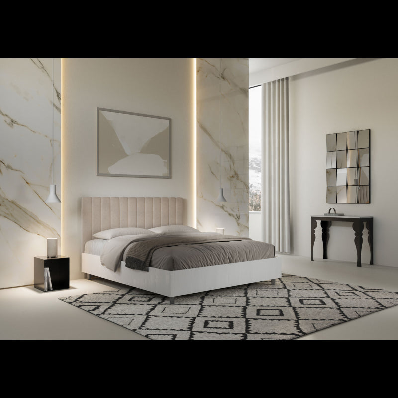 Letto Matrimoniale 160x190 cm struttura bianco frassino testata Kai - Contenitore,Microfibra,Sabbia