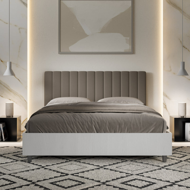 Letto Matrimoniale 160x190 cm struttura bianco frassino testata Kai - Similpelle,Cappuccino,Contenitore