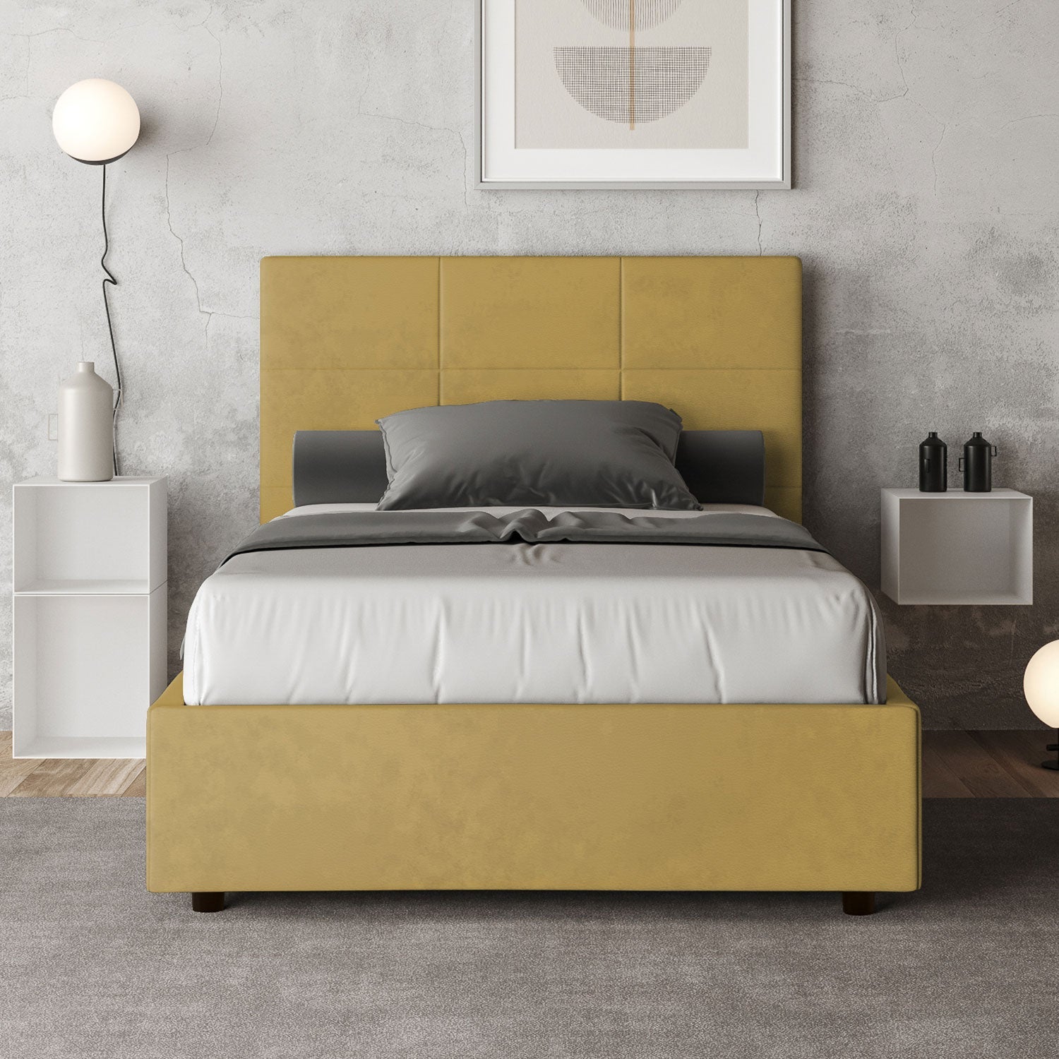 Letto 1 Piazza e Mezzo 120x210 cm con Rete e Contenitore Mika Ocra