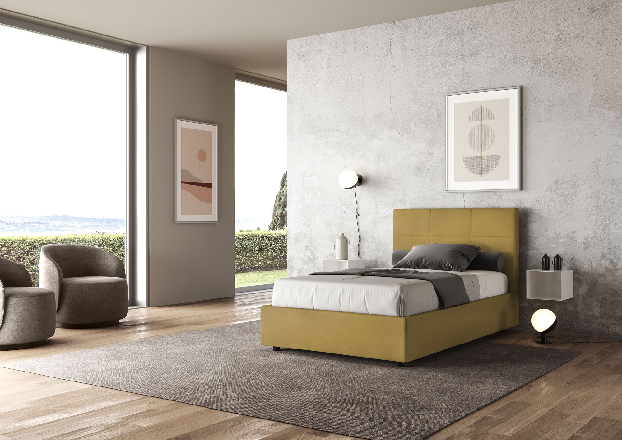 Letto 1 Piazza e Mezzo 120x210 cm con Rete e Contenitore Mika Ocra