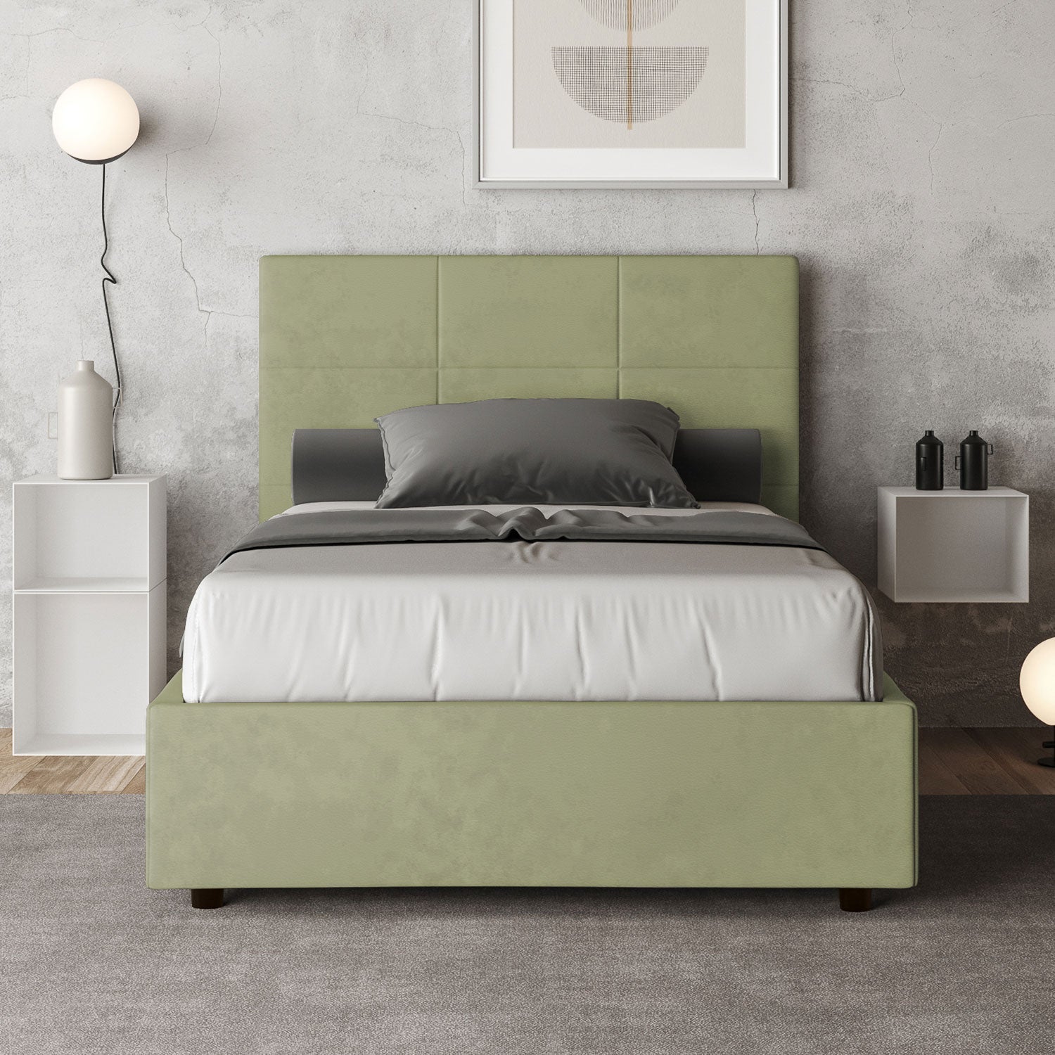 Letto 1 Piazza e Mezzo 120x210 cm con Rete e Contenitore Mika Tè verde