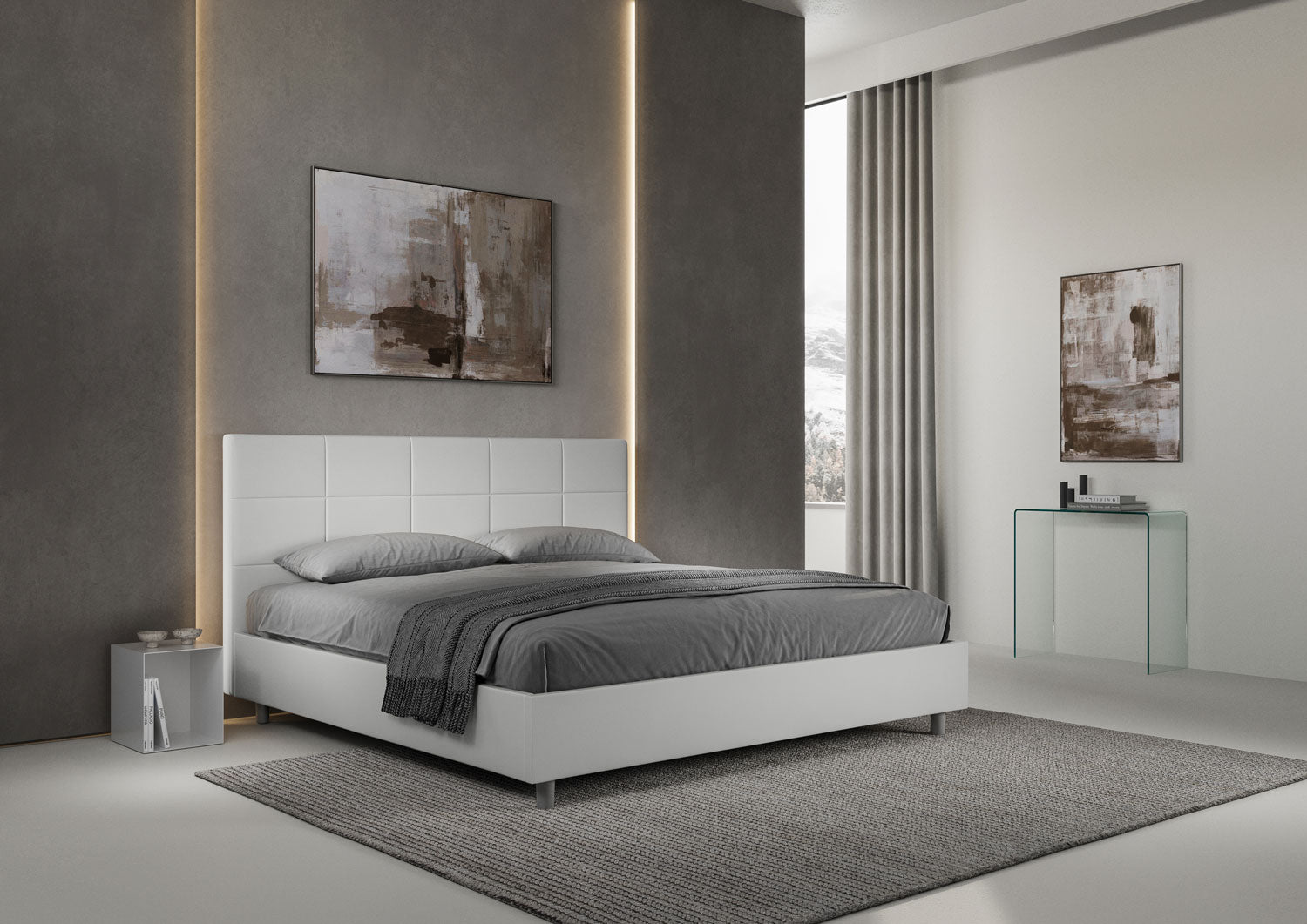 Letto matrimoniale king size senza rete imbottito 200x200 similpelle bianco Mika