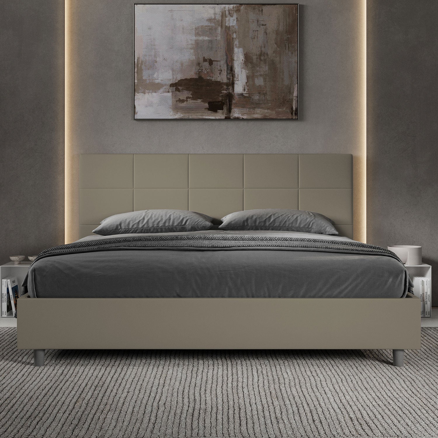 Letto matrimoniale king size senza rete imbottito 200x200 similpelle cappuccino Mika