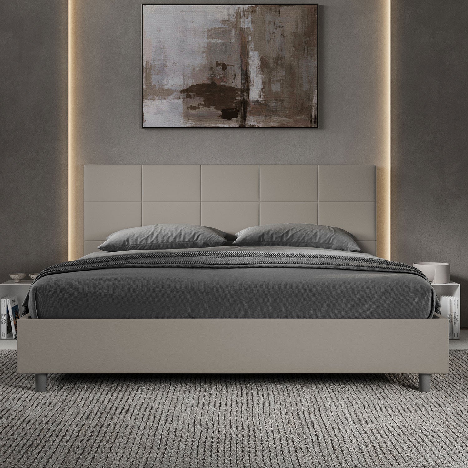 Letto matrimoniale king size contenitore imbottito 180x210 similpelle tortora Mika