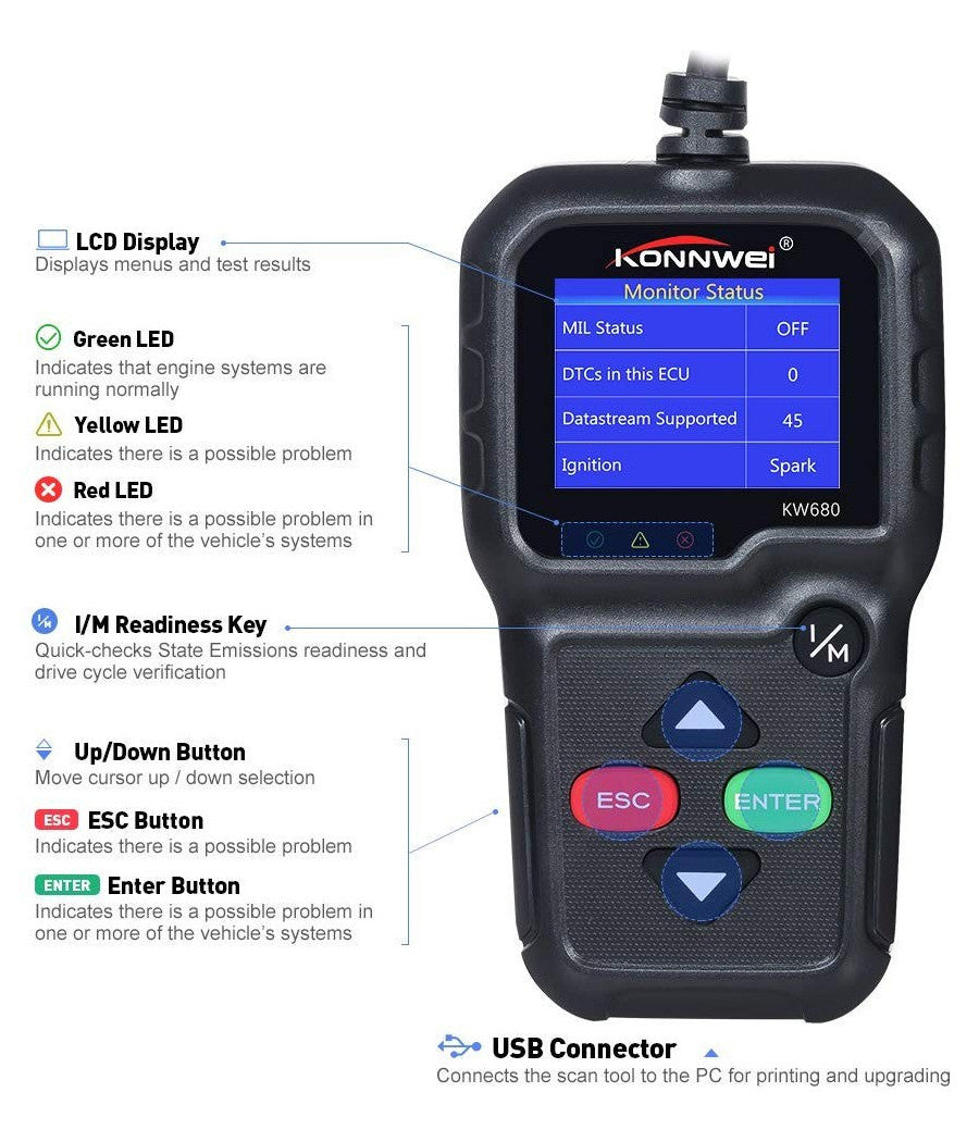 Lettore Obd Konnwei Kw680 Scanner Codici Auto Diagnostica Tester Analisi Obd2ii         