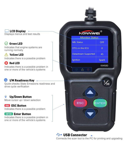 Lettore Obd Konnwei Kw680 Scanner Codici Auto Diagnostica Tester Analisi Obd2ii         