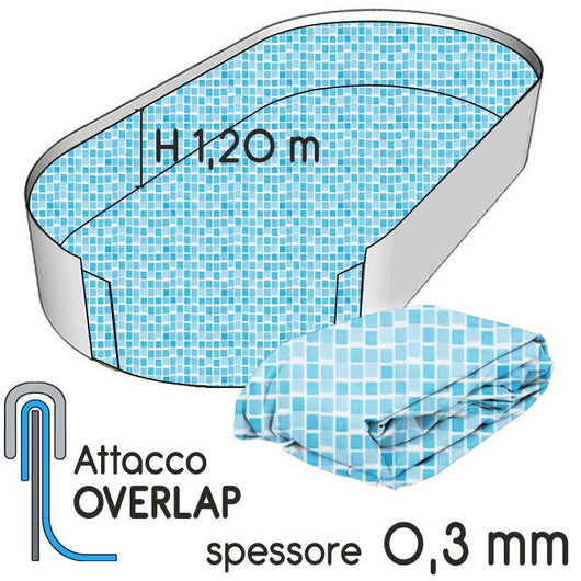 Liner Per Piscina A Forma Ovale 5,50 X 3,70 X H. 1,20 M Mosaico Azuro - Attacco Overlap - Spessore 0,30 Mm