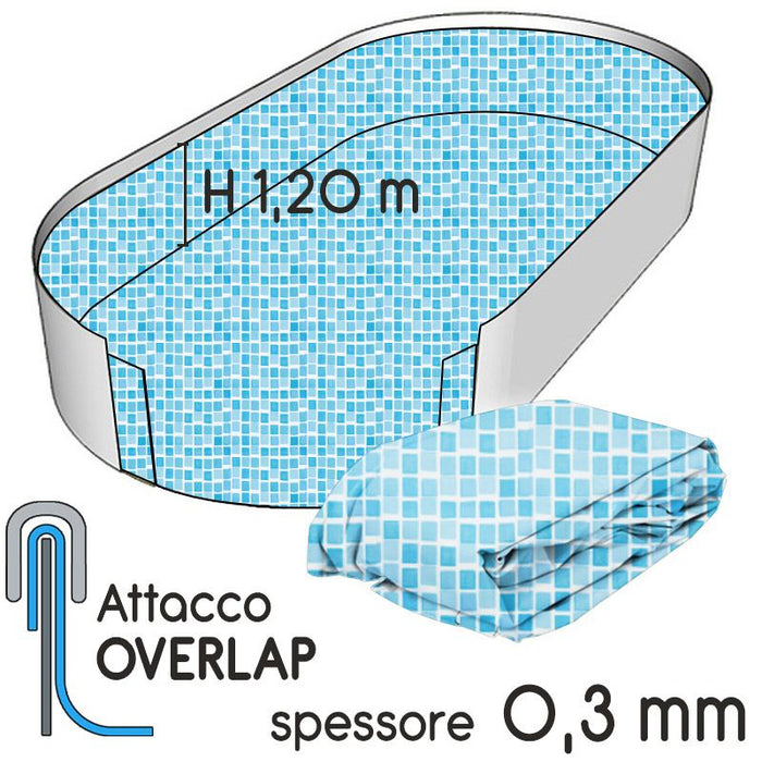 Liner Per Piscina A Forma Ovale 9,10 X 4,60 X H. 1,20 M Mosaico Azuro - Attacco Overlap - Spessore 0,30 Mm