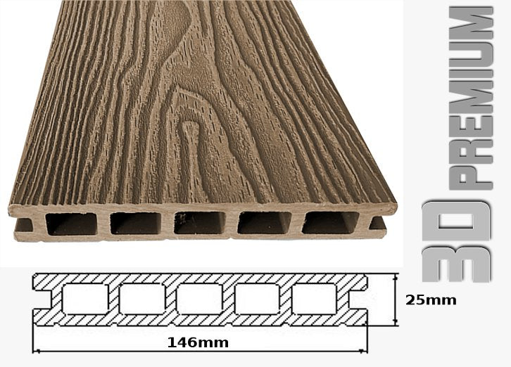 Listone WPC 3D 25m² per pavimentazione decking colore Teak Plus effetto legno listone 146x2200mm spessore 25mm